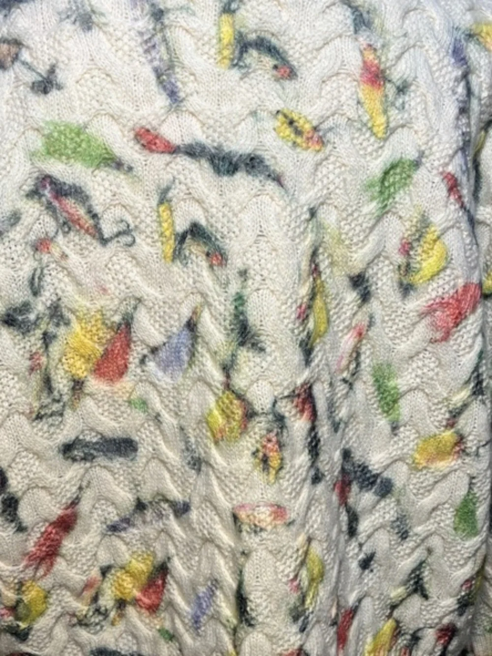 Anthropologie “Catch of the Day” fish lure design cable knit 100% lambswool